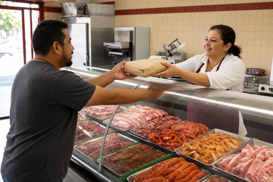 Fullerton carnicería employee handing a butcher-paper package to a customer across a curved refrigerated meat display