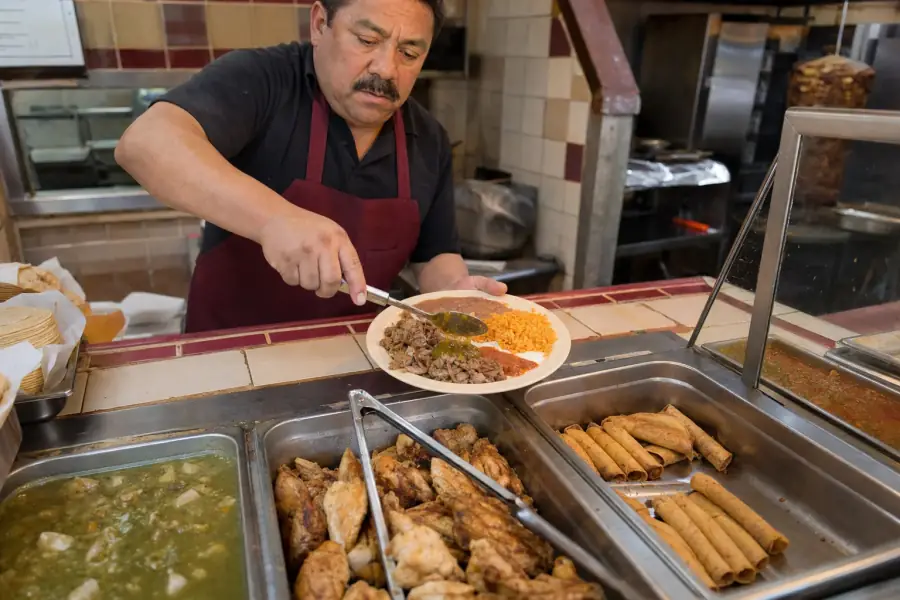 Fullerton kitchen employee serving carnitas, rice, beans and tortillas