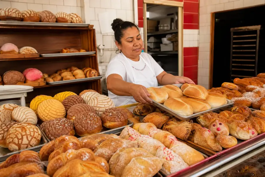 Fresh conchas, bolillos and assorted Mexican pan dulce in the Fullerton bakery