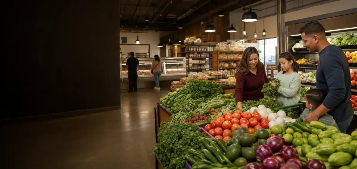 Family shopping for fresh food at La Aguila Market