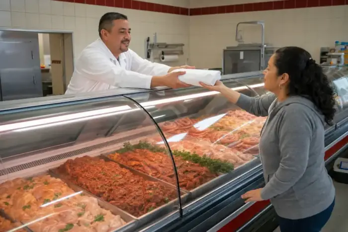 La Aguila Market carnicería employee serving a customer at the meat counter