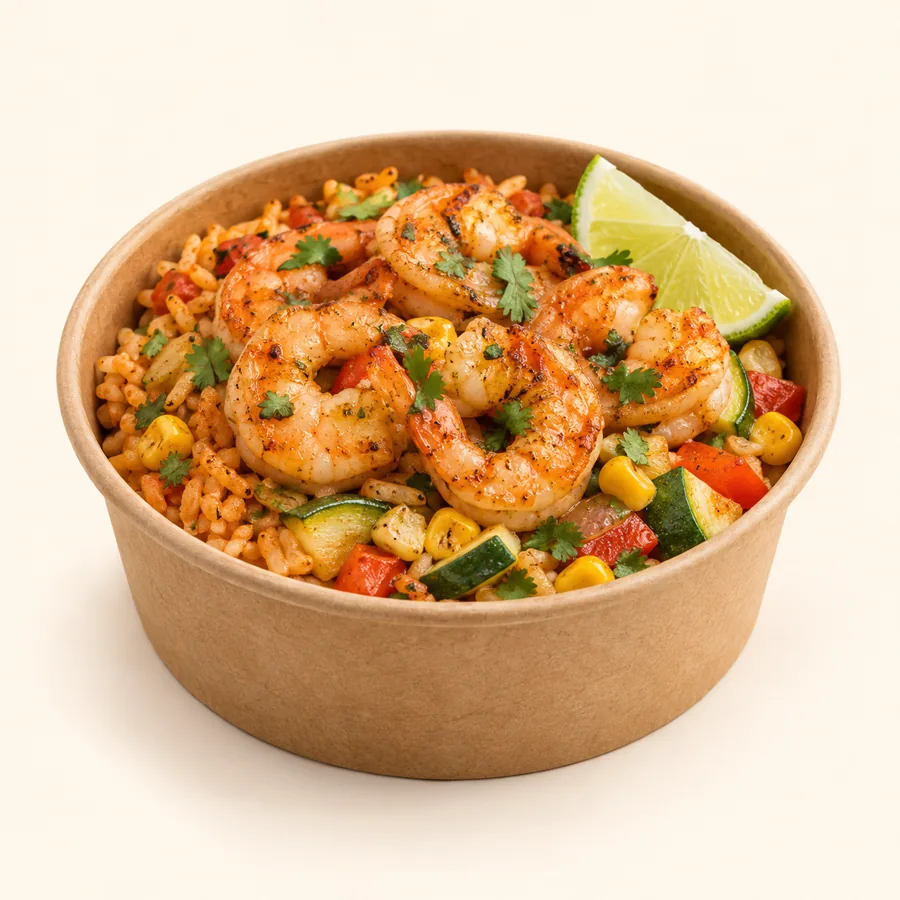 Shrimp bowl — Bowl de camarones at La Aguila Market