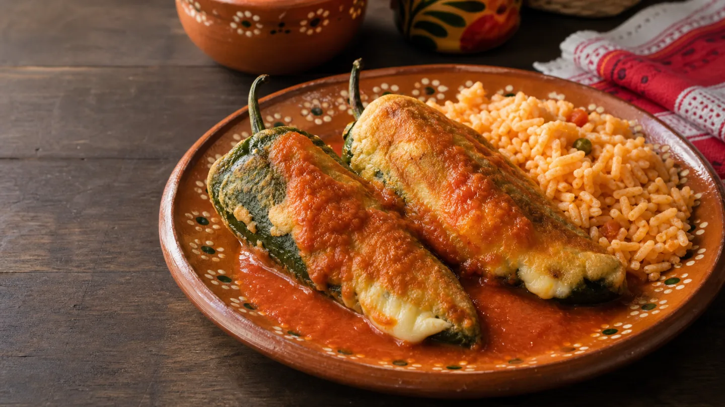 Cheese-filled chiles rellenos in tomato sauce with Mexican rice