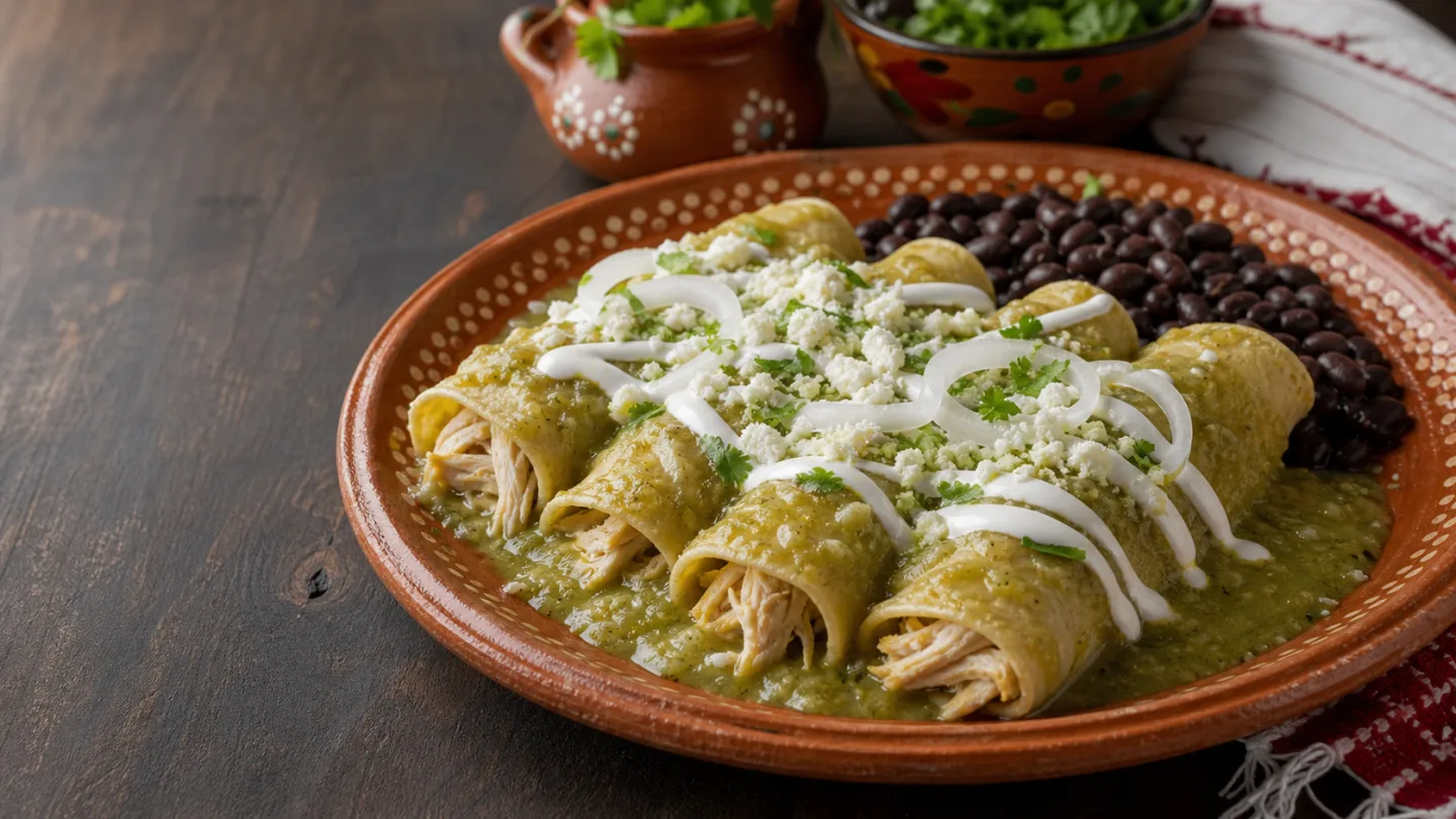 Green chicken enchiladas with tomatillo salsa, crema, queso fresco, onion, and black beans
