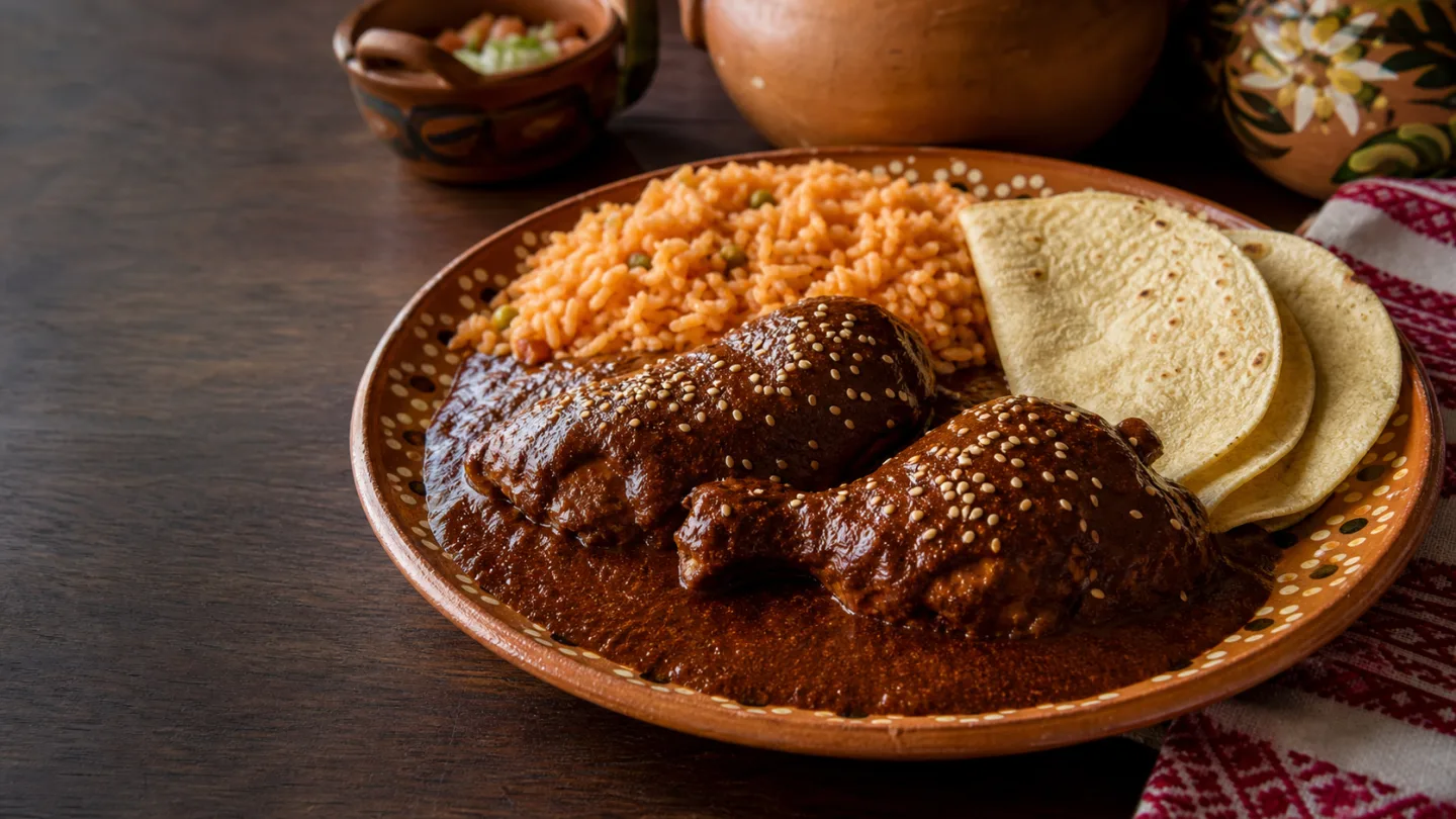 Chicken with dark mole poblano sauce, sesame seeds, Mexican rice, and tortillas