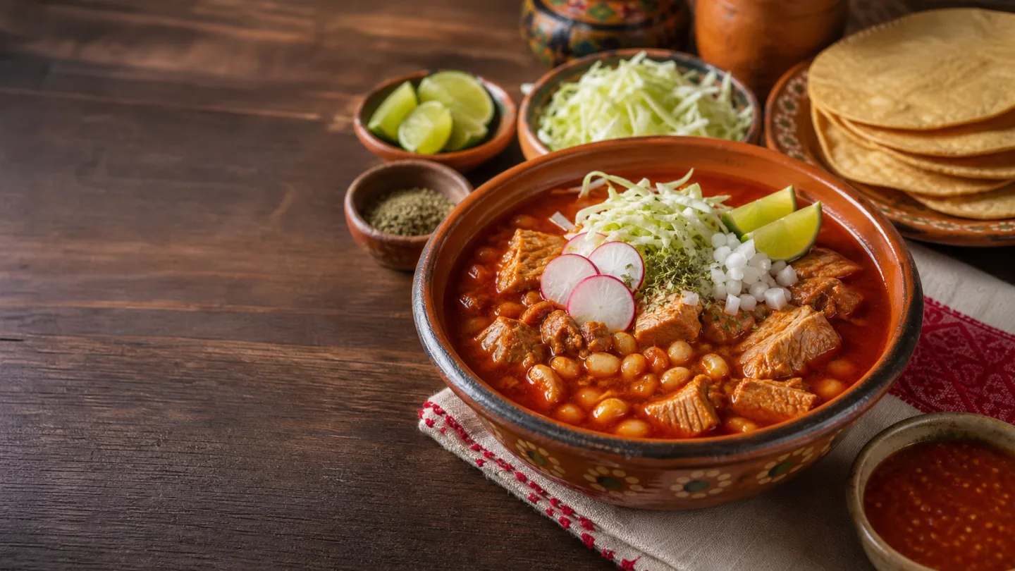 Traditional red pozole with pork, hominy, cabbage, radish, lime, onion, and tostadas