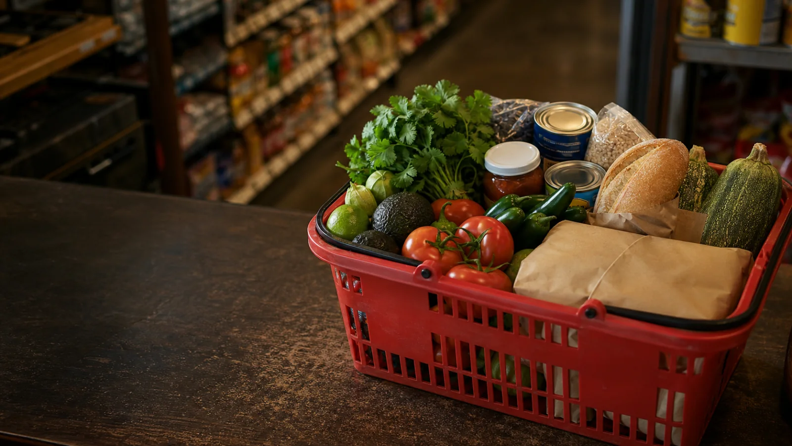 Market basket with produce, bolillos, groceries, and a wrapped carniceria package