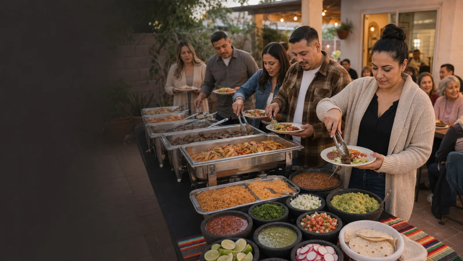 Guests serving tacos, fajitas, and toppings from a catered buffet at a family gathering